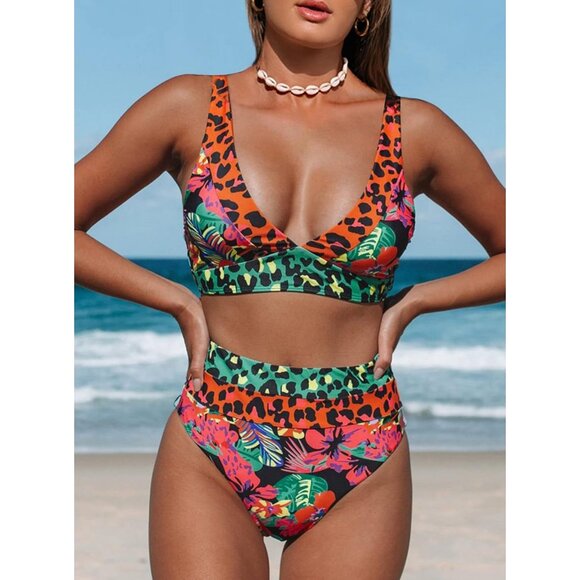 Women Leopard Floral Bikini Set High Waist Swimsuit Orange Green Swimwear - Picture 1 of 4